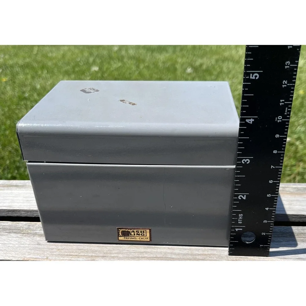 Vintage Flash Ling Gray‎ Steel Index Card File Box Hinged Lid USA Heavyweight